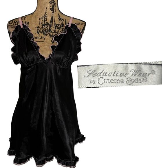 Vintage Seductive Wear by Cinema Etoile Ruffle Slip Dress Black Pink Size Large - Picture 1 of 3